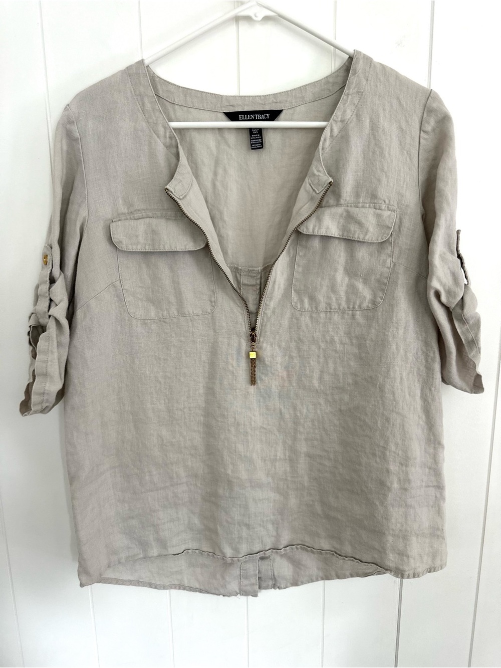 Ellen Tracy Linen Half-Zip Taupe Utility Blouse